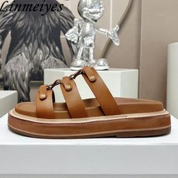 Thick Sole Slippers Women Genuine Leather Summer Shoes Woman Metal Rivet Decoration Slides Black White Brown Flat Slippers Woman 240409
