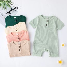 One-Pieces Lovely Baby Girls Boys Romper, Short Sleeve Round Neck Solid Colour Ribbed Buttoned Short Pants for Summer Spring, Kids Clothing