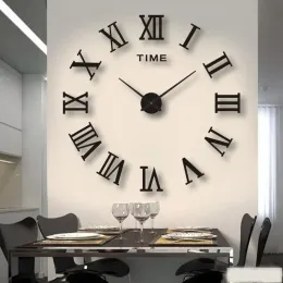 Clocks 3D Acrylic Digital Wall Clock Roman Numerals Design Mirror Wall Clock Fashion Large Round Wall Clock DIY Self Adhesive Clocks