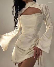 Casual Dresses Y2k Party Women Chic Satin Bodycon Corset Long Sleeve MiniTube Dress Ruched Flare Sexy Cutout Short Club