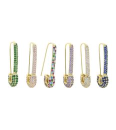 Whole Rainbow Colourful Wedding Earring Paved White Pink Green Blue Cz Unique Paperclip Safety Pin Stud Earings Women Fashion J8030659