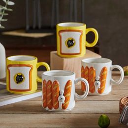 Tumblers Ceramic Mug Embossed Toast Cat Baguette Cute Creative Couple Breakfast Milk Cup H240425