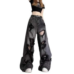 Dżinsy damskie vintage dżinsowe spodnie dżinsowe dżinsy mody mody luźne szerokie nogi spodnie y2k myte streetwear Female 240423