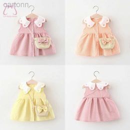 Girl's Dresses 2Pcs/Set Toddler Girl Plaid Dresses Love Lapel Sleeveless Cotton Baby Children Clothes Summer Kids Costume 0 To 3 Years + Bag d240425