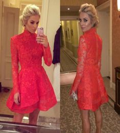 Modest High Neck Cocktail Dresses Illusion Long Sleeves Vintage Lace Red Homecoming Dress Zipper Back Short Layers Prom Gowns Form5156065