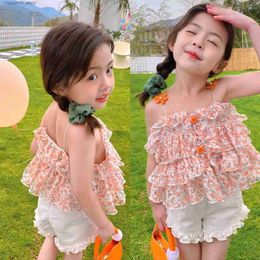 Clothing Sets Childrens clothing set floral printed ceiling+lace shorts 2PCS girls childrens clothing 3-7 years boutique clothing Q240425