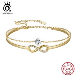 ORSA JEWELS 925 Sterling Silver Bangle for Women Luxury Infinity Chain Bracelet with Shiny CZ Adjustable Elegant Jewelry SB171 240423