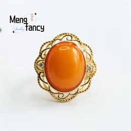 Cluster Rings Natural S925 Silver Inlaid Honey Wax Old Material Amber Pigeon Egg Ring Simple Elegant Personalised Fashion Versatile Jewellery