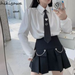 Suits Preppy Style 2 Piece Sets Womens Outfits Loose Long Sleeve White Shirts High Waist Pleated Mini Skirts Suit Fashion Korean Set