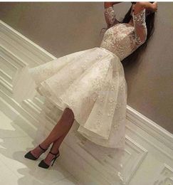 2018 Arabic Lace A Line Cocktail Dresses Lace Applique Sheer 12 Long Sleeves Knee Length Short Party Prom Evening Dresses51205321848662