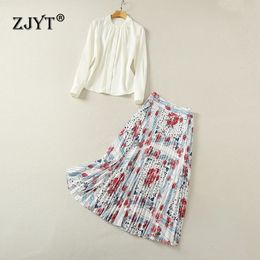 ZJYT 2 Piece Dress Sets Women Long Sleeve White Shirt Pleated Skirt Suit Spring Outfit Runway Floral Print Conjuntos De Vestidos 240423