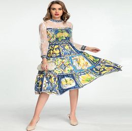 Fashion new Women Dress Spring Autumn Long Lace Sleeve Sequined Beading Lemon Printed Elegant Dresses6218919