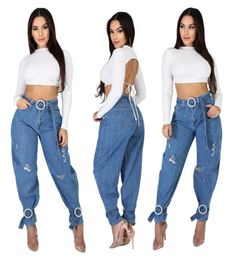 High Waist Denim Pants Summer Skinny Jeans Woman Retro Casual Hole Jeans Ripped Pencil Trouser Sashes Pants Plus Size Streetwear2855091