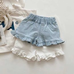 Shorts Childrens New Summer Childrens and Girls Ruffle Shorts Solid Short Denim Childrens and Girls Jeans H240425