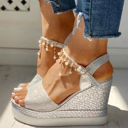 Women Wedge Sandals Summer Bead Studded Detail Platform Sandals Buckle Strap Peep Toe Thick Bottom Casual Shoes Ladies 240425