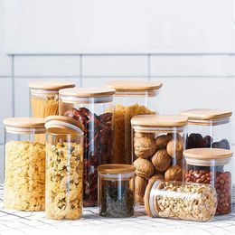 Food Savers Storage Containers GIANXI tea sealed jar with bamboo lid glass airtight kitchen candy coffee beans keep fresh storage H240425