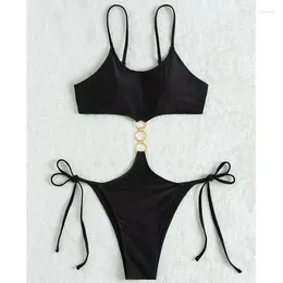 Women's Swimwear Sexy Metal Ring Black Swimsuits One Piece Tie Bodysuits Swimsuit Biquini Beach Outfits Bakini Conjunto De Bikini