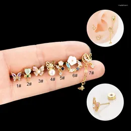 Stud Earrings Colorful Butterfly Flower Pearl Stainless Steel Ear Bone For Women Girls Delicate Cartilage Piercing Jewelry Gifts