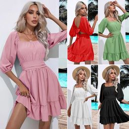 Casual Dresses Elegant Sweet Dress Women Summer Ruffle Edge Square Neck Hollow Out Tie Up Short Female Clothing Beach Style