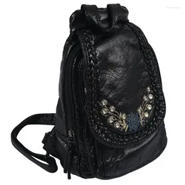 School Bags ASDS-Embroidery Flowers Women Backpack Small Soft Pu Leather Backpacks For Girls Teenagers Female Shoulder Bag Chest Pack Black