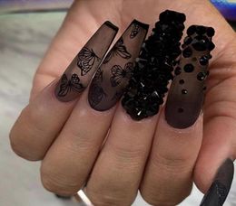 False Nails 24Pcs Phantom Dark Butterfly Fake Long T Black Scrub Wearable Nail Patch Rhinestone Coffin Ballerina NailsFalse8783862