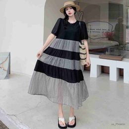 Maternity Dresses 2024 Summer Elegant Pregnant Woman Dress Short Sleeve O-Neck Block Color Patchwork Preppy Style Maternity A-Line Dress Wholesale