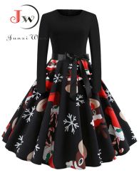 Dress Winter Christmas Dresses Women 50S 60S Vintage Robe Swing Pinup Elegant Party Dress Long Sleeve Casual Print Black