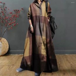 Casual Dresses Fall Maxi Dress Vintage Ethnic Style Long Sleeve Loose Lapel Ankle Length A-line For Ladies Oversized Colorblock Big