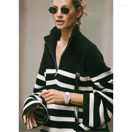 Women's Sweaters 2024 Early Spring Zipper High Neck Loose Wide Sleeve Knit Striped Pullover Sweater