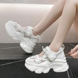 Casual Shoes Women Platform Breathable Crystal Flower Summer Chunky Sneakers 7.5CM Hidden Heels Hollow Leisure Woman