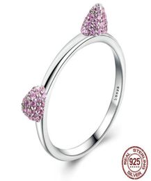 925 Sterling Silver Cute Pink Diamond Cat039s Ears Ring for BridemaidEngagement Sweety and Romance 100 Silver Ring in True Lo3247210