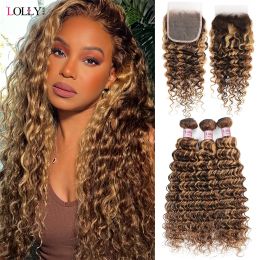 Wigs Wigs Wigs Highlight 4/27 Deep Wave Bundles With Closure Deep Wave Human Hair Brazilian Hair Weave Bundles With Closure 4x4