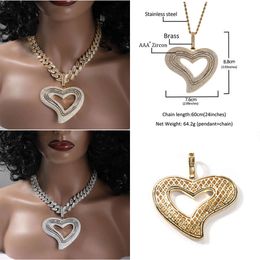 14K Gold Iced Out Big Size Hollow Pendant Necklace Bling Micro Pave Cubic Zirconia Simulated Diamonds Icy Heart Cuban Chain Original Quality