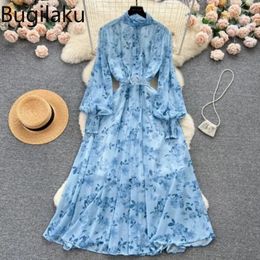 Casual Dresses Bugilaku Beach Style Chiffon Dress Women Stand Collar Long Sleeve Belt Female Temperament Gentle Big Swing Robe Femme