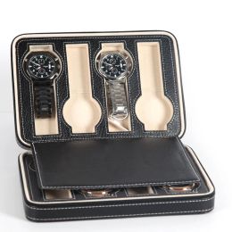 Cases Black Brown Wood Watch Display Box Leather Watch Organiser Storage Box Collection Case Zipper for Jewellery Watch 2/4/8 Grids