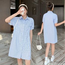 Maternity Dresses Maternity Summer Dress Turn-Down Collar Short Sleeve Blue Stripe Pregnant Women Cotton Dress Drawstring Waist Pregnancy Clothes