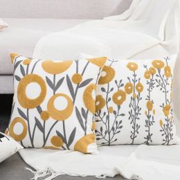 Pillow Inyahome Boho Floral Tufted Decorative Throw Pillow Cover Botanical Embroidered Cotton Cushion Case Cover for Couch Sofa Bed