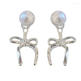Stud Earrings Vintage Pearl Bowknot Silver Color Bow Pendant For Women Girls
