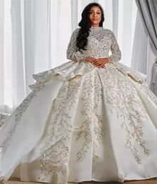 Luxurious Arabic Style A Line Wedding Gowns Long Sleeves Plus Size Puffy Train Princess Sparkly Sequins Bridal Party Dresses Robe De Marriage 2024