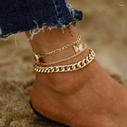 Fußkettchen weibliche Sommer Goldfarbe für Frauen Schmetterling mehrschichtige Kette Kette Knöchelarmbänder Mädchen barfuß auf Beinstrand Schmuck