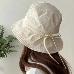 Wide Brim Hats Bucket Hats Korean Fashion Women Simple Cotton Bucket C Summer Lightweight Windproof Rope Sunshade Basin Hat Lace-up Fisherman Hat J240425