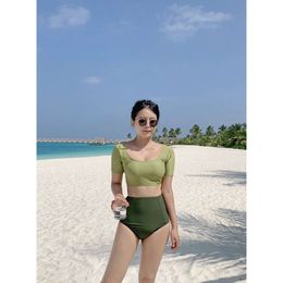 Swimming Suit for Women with Split Body Bikini, Covering the Belly, Slimming Down, Conservative, High Waisted, Sexy, Small Chest, High-end Fashion, New Green Color