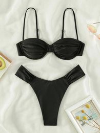 Kadın mayo push yukarı 2 parçalı bikini mayo ruffles bikinis seti siyah 2024 kadın mayo seksi biquini mujer plaj giyim yaz