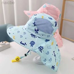 Caps Hats Summer Baby Sun Hat Bucket Cap With Whistle For Kids Girls Boys Outdoor Neck Ear Cover Anti UV Kids Beach Caps d240425