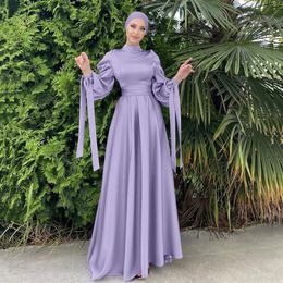 Fashion Women Satin Muslim Dress Hijab Arabic Pleated Abaya Dubai Balloon Sleeve with Ribbon Islamic Dress With belt wy1589 240422