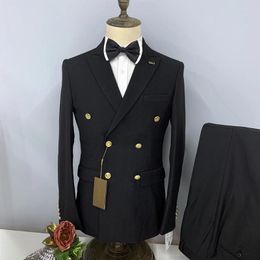 Men's Suits Men Suit Black White Double Breasted Gold Button Two Pcs Coat Pant Formal Business Slim Fit Wedding Luxury Blazer Masculino 2024
