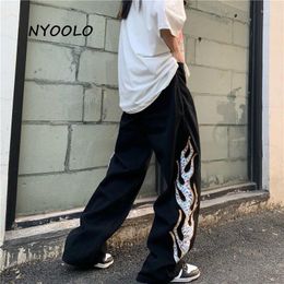 Women's Jeans NYOOLO Vintage Streetwear Flame Embroidery Design High Waist Hip Hop Washed Women Men Clothing Oversized Goth Denim Pants