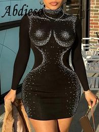 Casual Dresses Abdieso Diamond Print Long Sleeve Women Bodycon Dress Black Fashion Clubwear 2024 Autumn O Neck Sexy Mini Prom Party