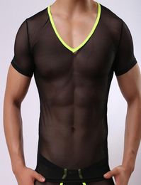 1pcs Men sexy Lace Sheer mesh Transparent Tops V Neck T shirts nylon Underwear Sleepwear Net white black purple2110096