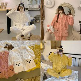 Women's QWEEK Warm Home Suit Kawaii Flannel Pamas Girls Winter Clothes Bear Pocket V Neck Pijamas Pyjamas Sleepwear Cute 220329